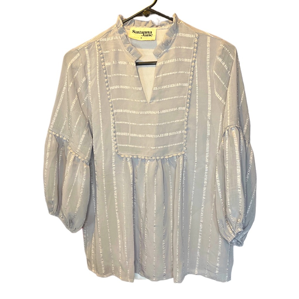 Savanna Jane Blouse; Ruffled Neck; Silver and Grey Striped; Women’s Size Small